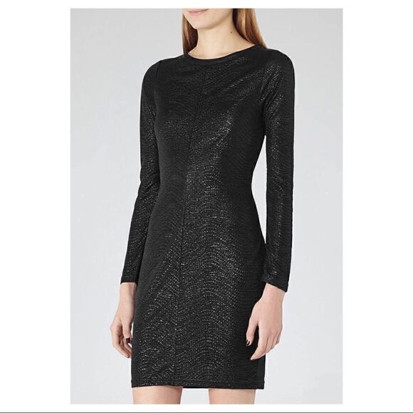 Nwt Reiss Abellia Jersey LS Shift Mini Dress Black Shimmer Sz 8 - Picture 2 of 7